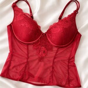 Y2K Red Lace Corset Bustier Top Sheer Mesh Underwire Bra Top Vintage 2000s